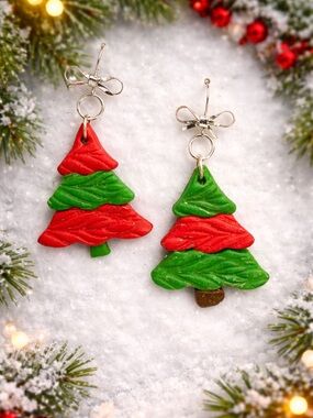 Festive Red & Green Christmas Tree Dangle Handmade Polymer Clay Earrings
